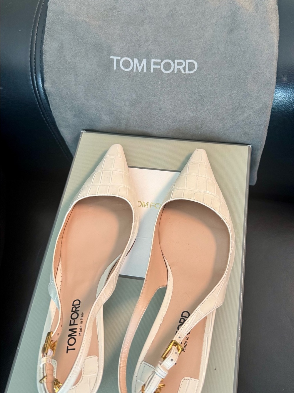 Tom Ford Cream Croc-Embossed Pointed Slingback Flats with Gold Buckle